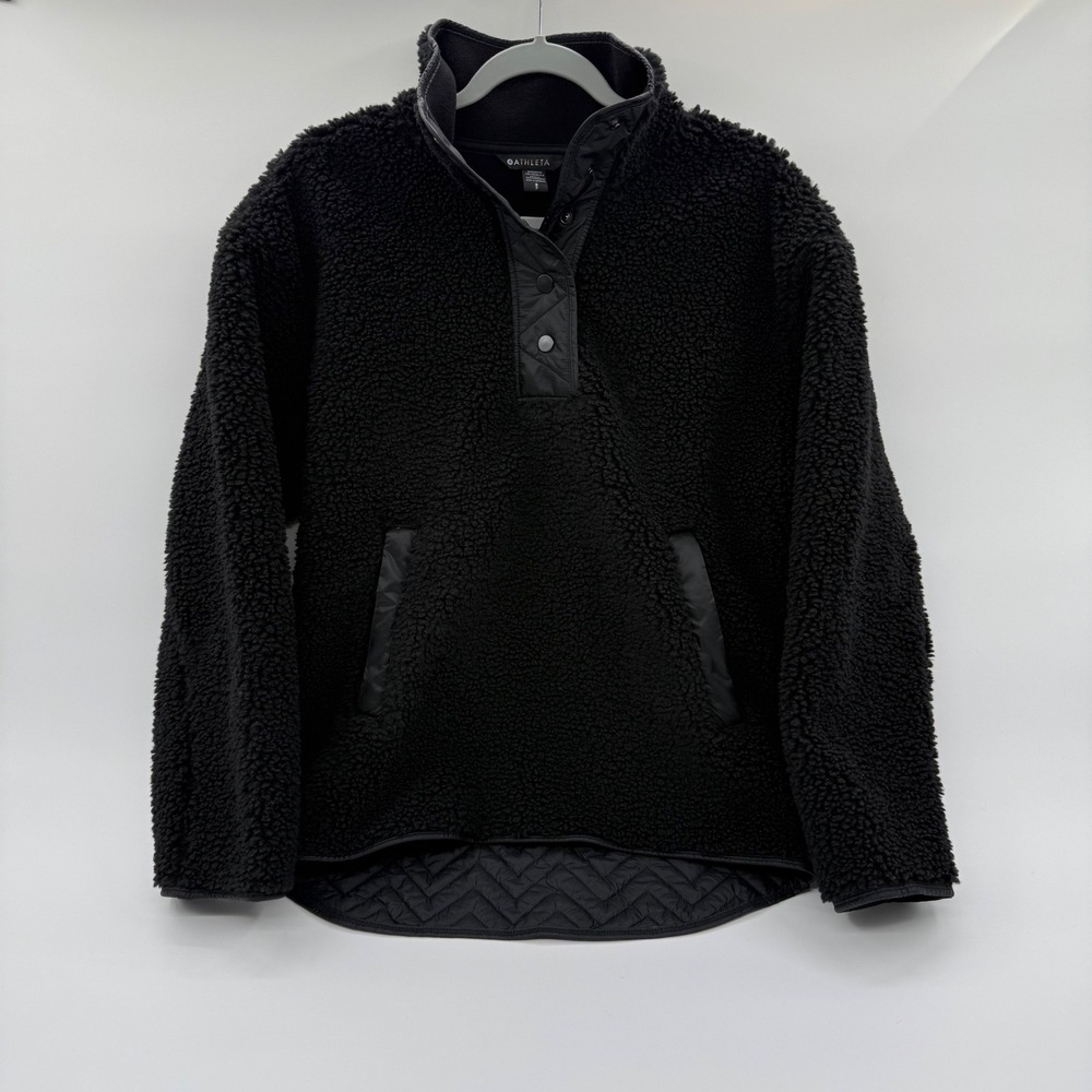 Athleta Cozy Sherpa Snap Sweatshirt Black Quilted Fleece Pullover 466888‎ Small